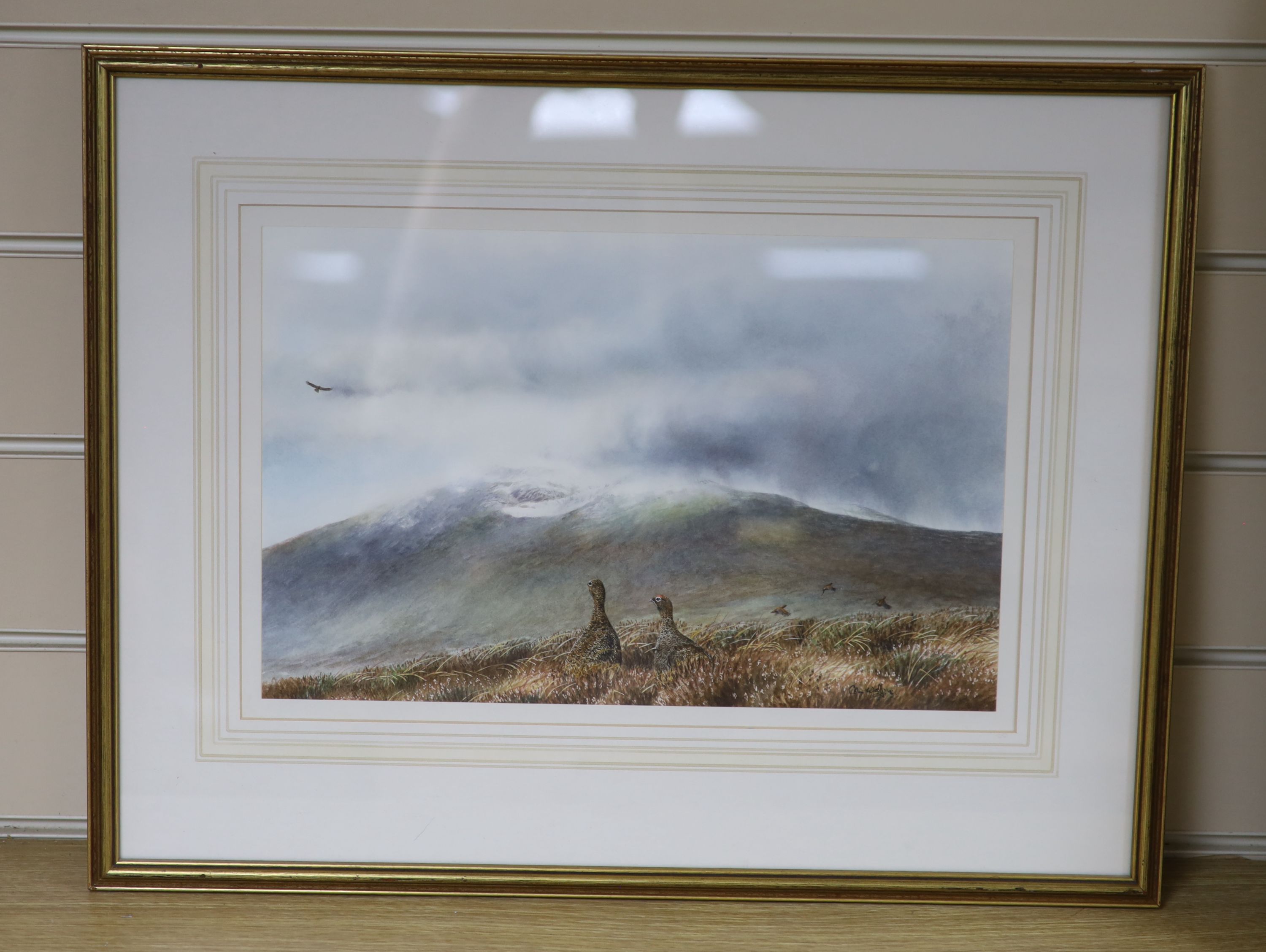 Colin Woolf (b. 1956), watercolour, Highland landscape with grouse in the foreground and a distant eagle, signed, 23 x 35cm